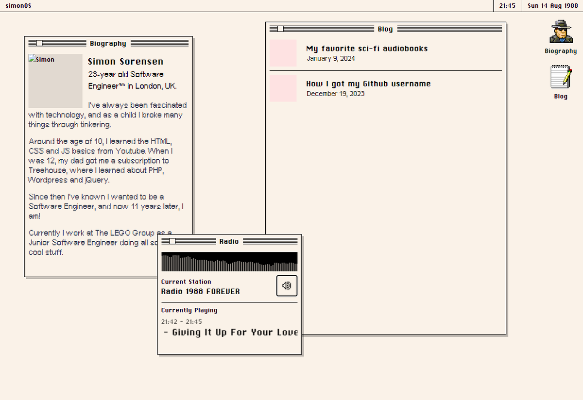 A website that is styled to look like Mac OS 9. There are three windows. From left to right, a biography window, a radio window and a blog window.