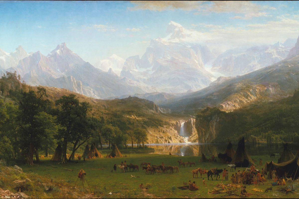 A serene landscape of Native Americans in a grassy valley with tepees, horses, and a calm lake, framed by towering snow-capped mountains and a waterfall under a bright blue sky.