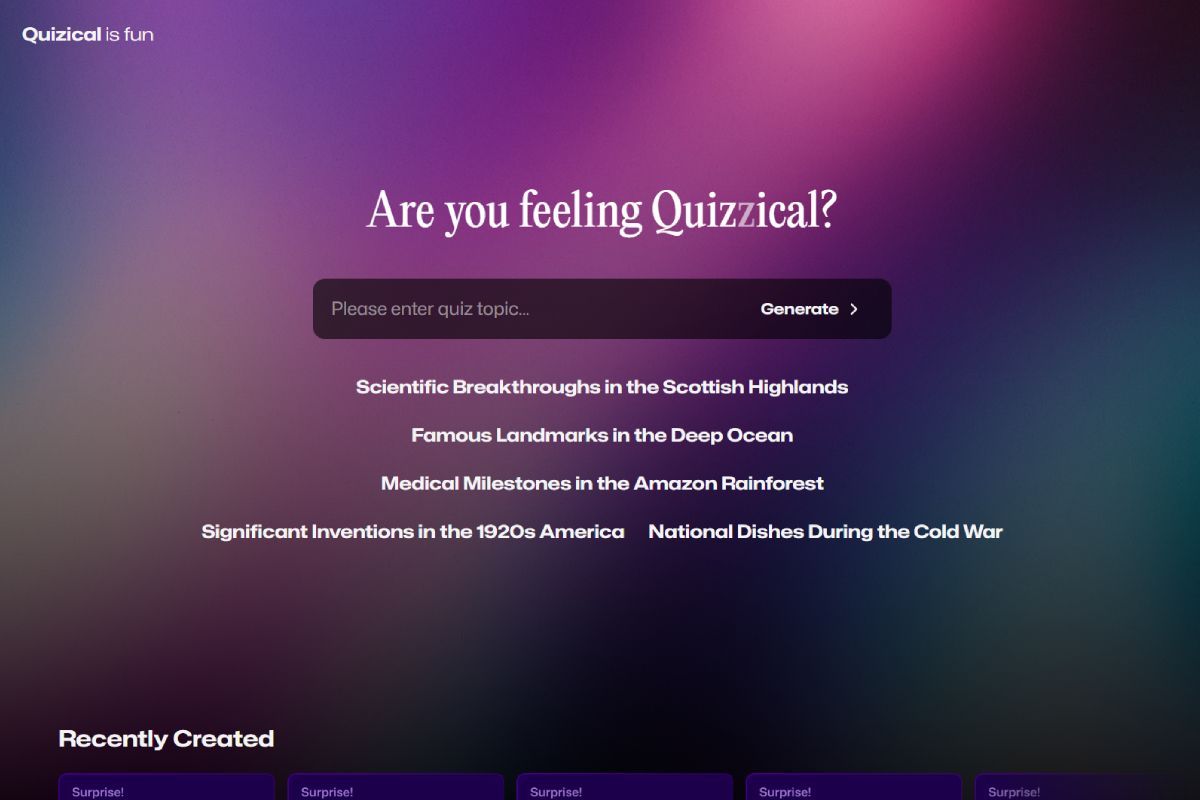 A website with the title: "Are you feeling Quizzical?". Below there is an input with the placeholder: "Please enter quiz topic", after that there is a button with the label "Generate".